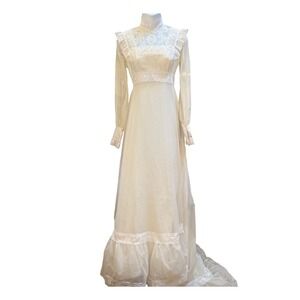 Vintage 70 Prairie Wedding Dress Lace Highneck Train Romantic Swiss Dot Ethereal